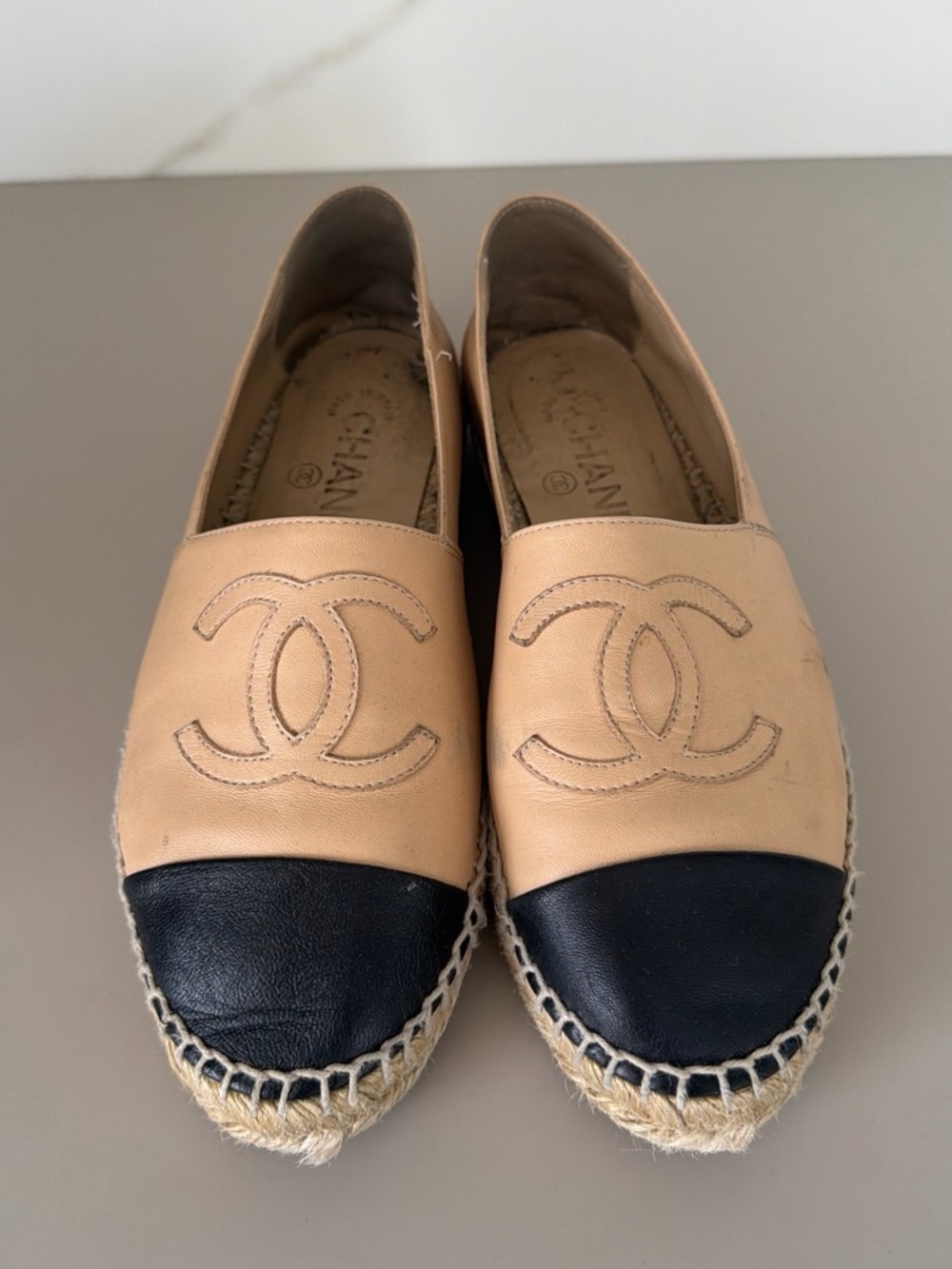 CHANEL Two-Tone Leather Espadrilles in Beige and Black